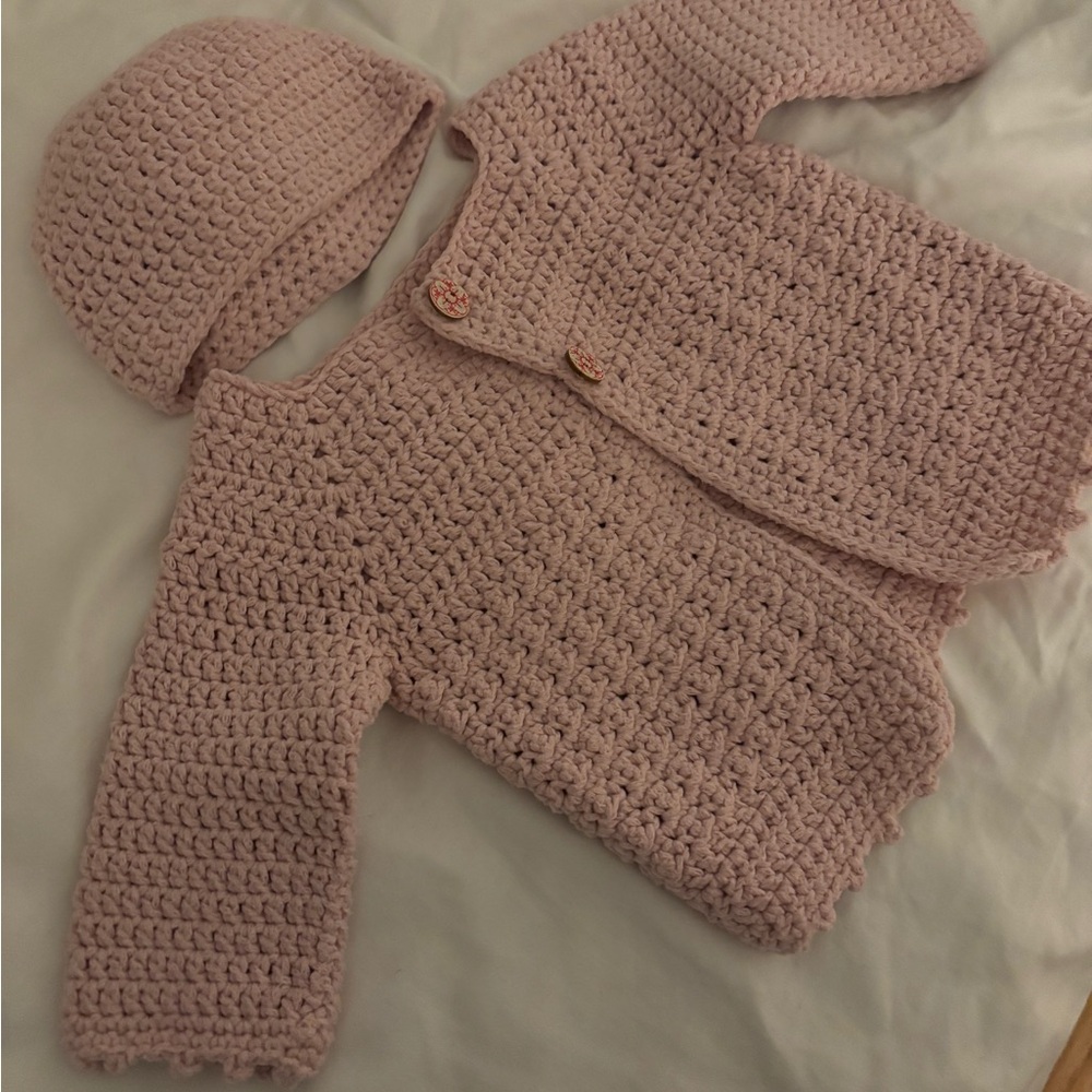 Handmade Pink Crochet Kids Jacket and Hat Set